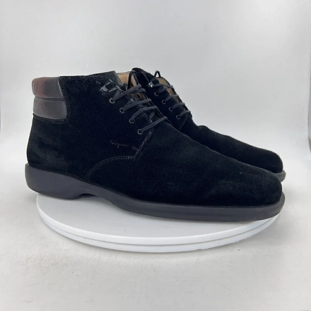 Salvatore Ferragamo Men Size 10D Black Suede Brown Leather Lace Up Ankle Boot
